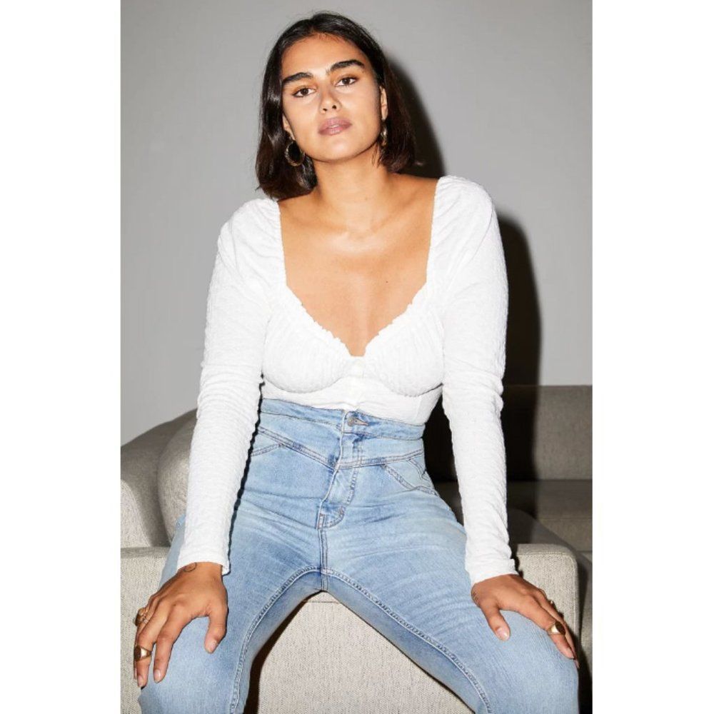 Free People white textured ruffle corset bustier long sleeve cropped Ladybug top